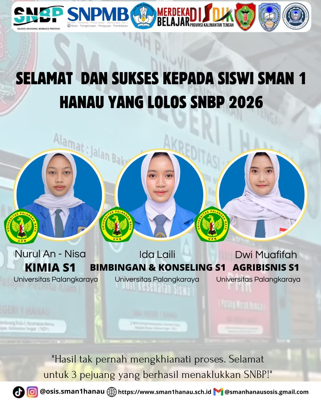 Prestasi Membanggakan: Tiga Peserta didik SMA Negeri 1 Hanau Berhasil Lolos Seleksi Nasional Berdasarkan Prestasi (SNBP) Tahun 2026